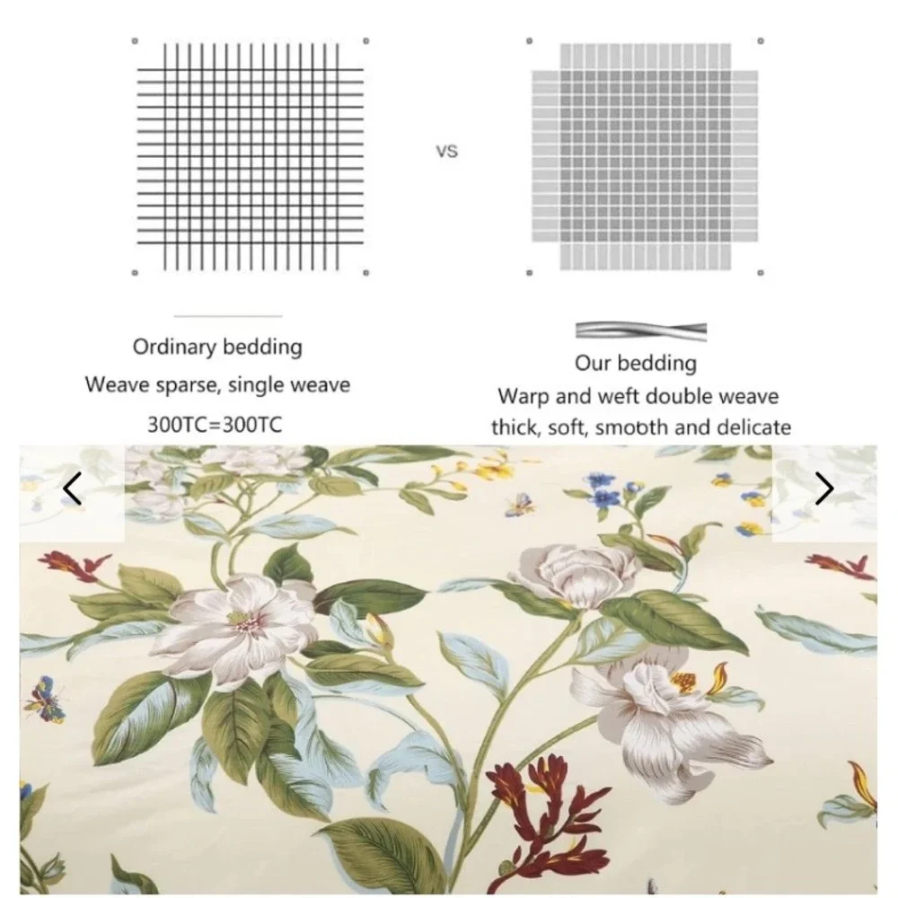 FADFAY Floral Duvet Cover Set Queen 3pc Cotton Magnolia Botanical Green Striped